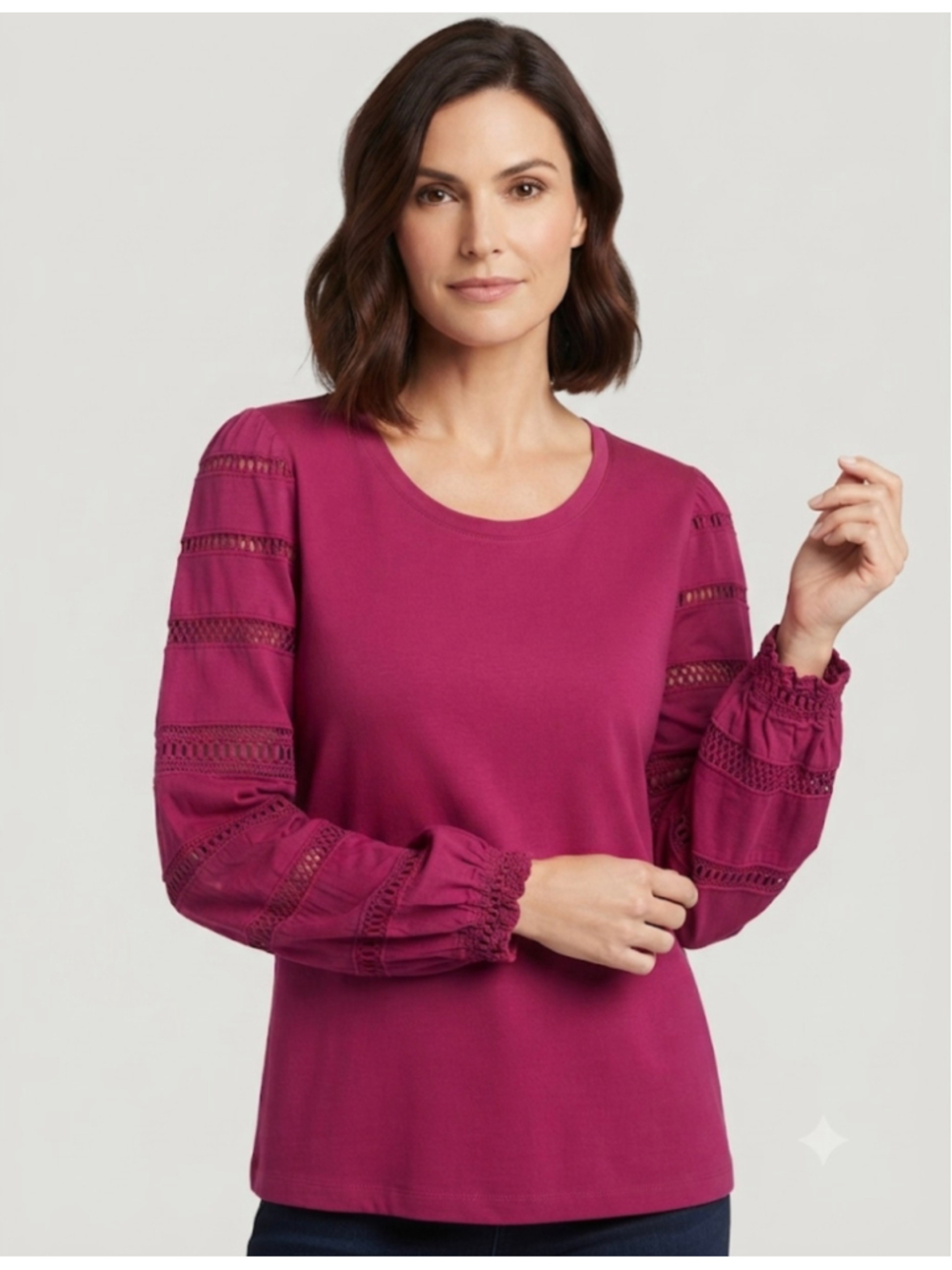 Chico's Long Sleeve Lace Detail Tee Magenta Size L / (Chico 2)